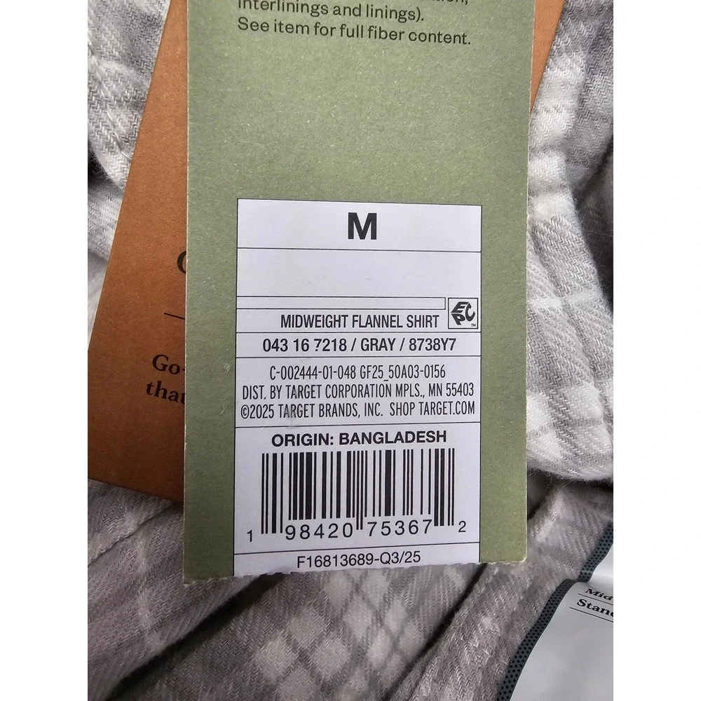 Goodfellow & Co Mens Plaid Midweight Flannel Shirt Gray Cotton Casual Size M